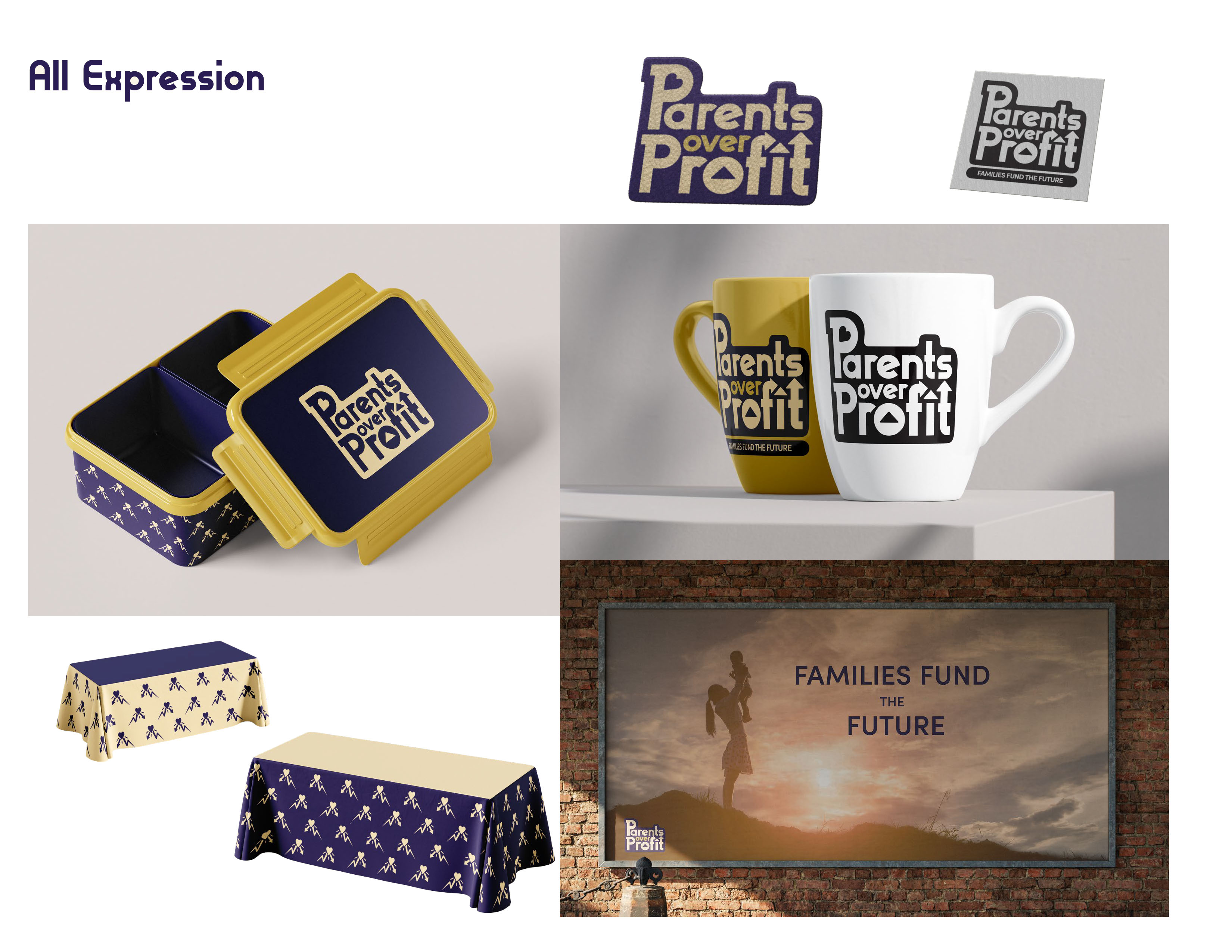  variations of mockups with Parents over profit logo and patterns 